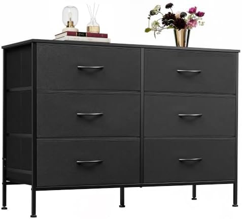 WLIVE Black Fabric Dresser for Bedroom, 6 Drawer Dressers, Chest of Drawers