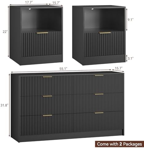 6 Drawer Dresser & 1-Drawer Nightstand Set 3-Piece, Black丨55 Wide Bedroom Set Night Stand Set of 2 with Metal Handle, Fluted Wood Chest of Drawers Storage Dressers Set for Bedroom