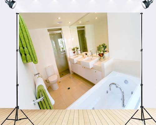 Trykid 12x8ft Bright Modern Bathroom with Double Vanity Backdrop Interior Photography Clean Fresh Spa Room Background Tapestry Bathroom Themed Party Decoration Photo Studio Prop Fabric - size: 12x8ft