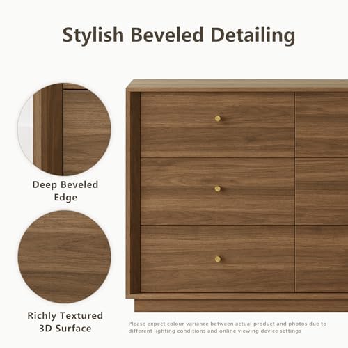 FORTUNETEC 47" Wide 6 Drawer Dresser for Bedroom, Walnut