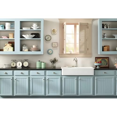 Laeacco 20x10ft Modern Kitchen Backdrop Kitchen Interior Light Blue Cabinet Tableware Photography Background Home Cuisine Cooking Baking Party Cake Table Decor Kids Adults Portrait Photo Booth Props - size: 20x10ft