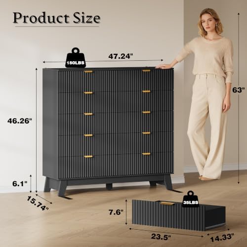 BORNOON 46" Tall Dresser for Bedroom, 10-Drawer Fluted Chest of Drawers, Modern Wood Highboy with Metal Slides and Handles, Anti-Tip Kit, Vertical Clothes Storage Organizer for Apartment, Closet