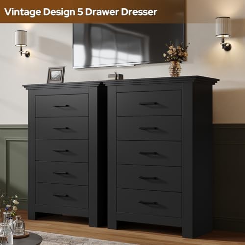 5 Drawer Dresser for Bedroom, Wood Dresser Chests of Drawers with Metal Handle, 47" Tall Vintage Design Storage Dressers for Bedroom, Cabinet Organizer Drawers for Hallway, Entryway, Closet, Black