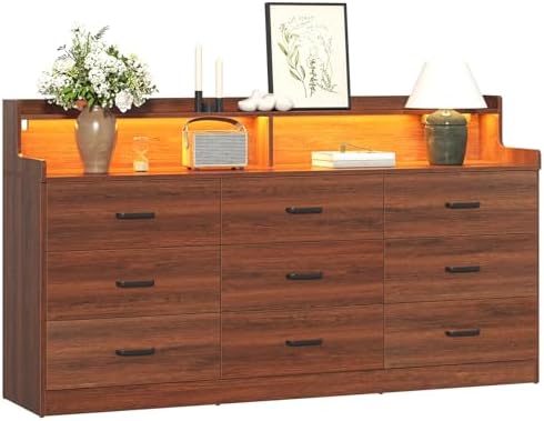 Bigbiglife 9 Drawer Dresser with Built in Power Outlet and LED Light, Modern Chest of Drawers for Bedroom, Triple Wide Drawer Organizer Cabinet for Living Room, Entryway, Hallway, Walnut Brown
