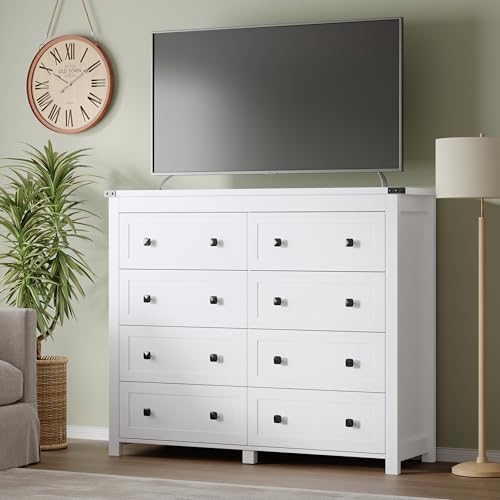 BORNOON Tall 8-Drawer Dresser, Modern Wooden Storage Chest of Drawers, Dresser TV Stand, Wood Drawer Organizer with Metal Handles for Bedroom, Living Room, Hallway