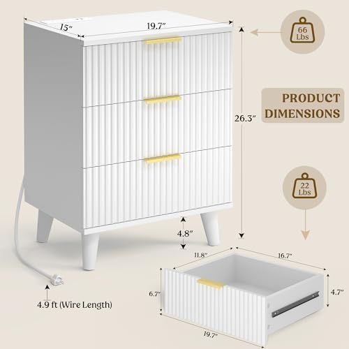 3 Drawers Nightstands Set of 2 w/Charging Station, Modern Fluted Dresser