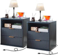 LEYAOYAO Fluted Nightstand Set of 2 with Charging Station,23" Farmhouse Nightstand with Woodgrain Top,Blue 3 Drawer End Table w/Storage, BedsideTables for Bedroom, Living Room, Curved Profile