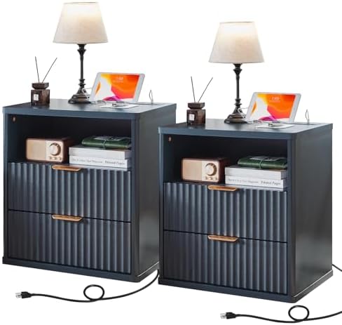 LEYAOYAO Fluted Nightstand Set of 2 with Charging Station,23" Farmhouse Nightstand with Woodgrain Top,Blue 3 Drawer End Table w/Storage, BedsideTables for Bedroom, Living Room, Curved Profile