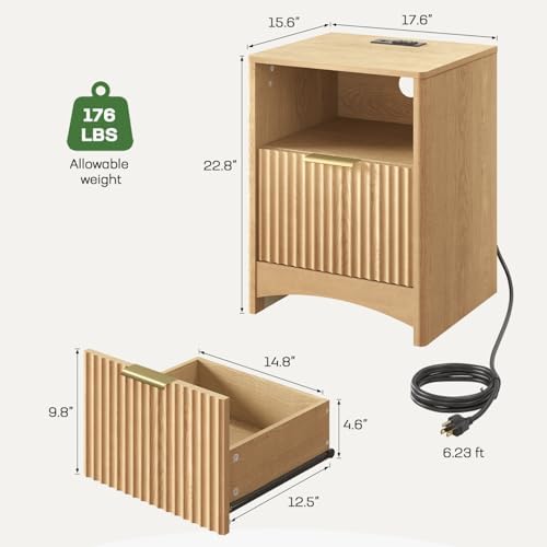 Marsail Wooden Nightstand with Drawer, Modern Night Stand with Charging Station and Storage, Fluted Bedside Table Boho End Table for Bedroom, Natural Oak (1 Pack)