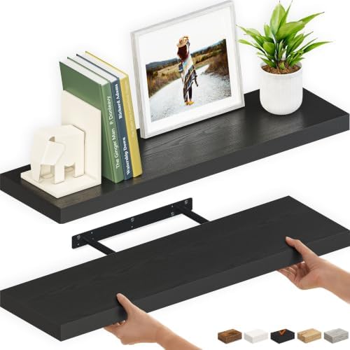 Ballucci Floating Shelves for Wall, 36" Wood Wall Shelf Set of 2, with Invisible Brackets for Bathroom, Living Room, Bedroom, Kitchen, Nursery, 8" Deep, Black