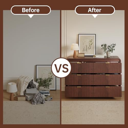 FURSUN Fluted 6 Drawers Dresser for Bedroom, 54" Wide Wooden Dresser with Metal Handle, Curved Profile Design, Modern Storage Organizer for Bedroom, Living Room, Hallway, Dark Walnut