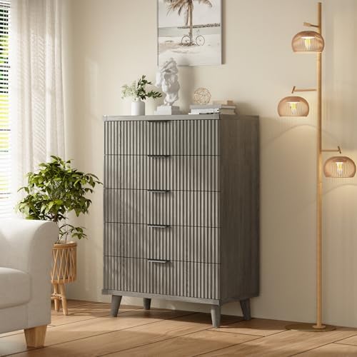 Wood Tall 5 Drawers Dresser, 27.6" W Fluted Modern Dressers for Bedroom