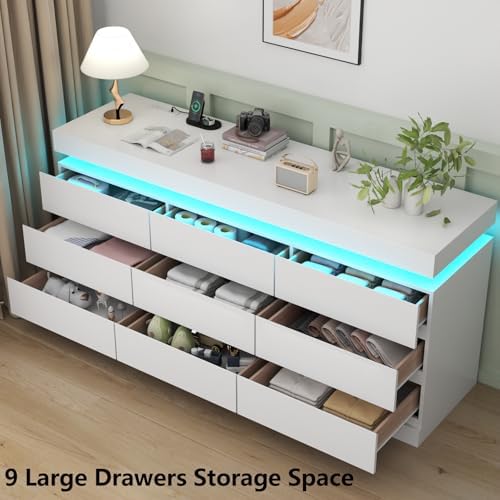 Gyfimoie 9 Drawer Dresser with Power Outlet, Modern Dresser with LED Light