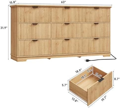 Fluted 9 Drawers Dresser for Bedroom, 63" Wood Dresser w/Power Outlet and Deep Drawers, Wide Chest of Drawers, Modern Closet Dressers for Living Room, Upgraded Version w/Wooden Drawers, Oak