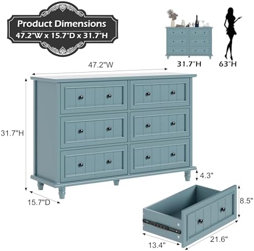 Blue 6 Drawer Dresser, Vintage Chest of Drawers, 47.2'' Bedroom Cabinet