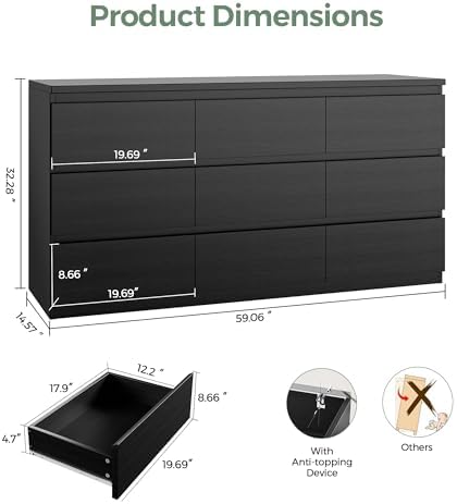 Jocoevol Modern 9 Drawer Dresser for Bedroom, Simply Chest of Drawers, Wood Storage Dresser with Deep Drawers for Living Room Hallway Entryway (Black)