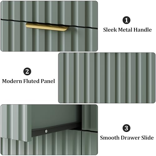 6 Drawer Dresser and Nightstand Sets for Bedroom, Modern Fluted 3 Pcs Bedroom Dresser Furniture Sets, Wood Chest of Drawers and Nightstand Set of 2 with Metal Handles, Green
