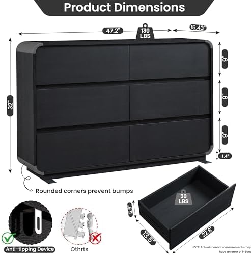 Standifurno Curved Dresser with 6 Drawers, 47" Wide Chest of Drawers with Clothes Storage Organizer, Wood Dresser Closet for Living Room, Hallway (Black)