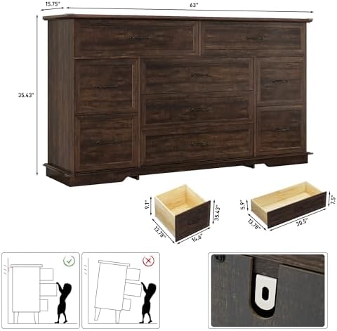 jiteentarou Farmhouse 9 Drawer Dresser for Bedroom,63” Wood Dresser & Chest of Drawers with Power Outlets,Large & Wide Dressers for Bedroom,Tall Storage Dresser Organizer(Rustic Brown)