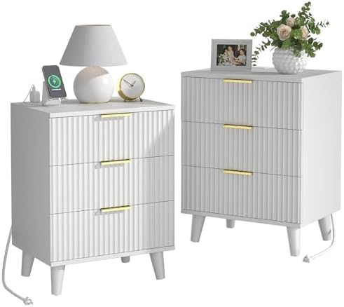 3 Drawers Nightstands Set of 2 w/Charging Station, Modern Fluted Dresser