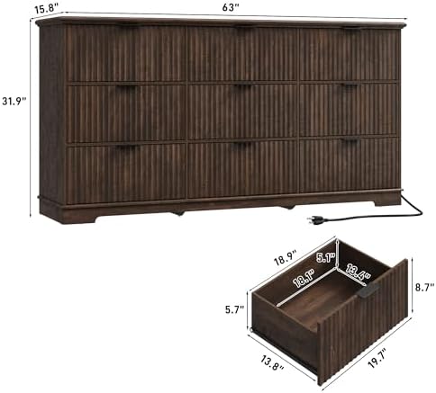 Fluted 9 Drawers Dresser for Bedroom, 63" Wood Dresser with Power Outlet and Deep Drawers, Wide Chest of Drawers, Modern Closet Dressers for Living Room, Upgraded Version with Wooden Drawers, Brown