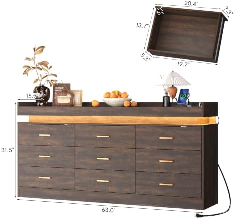 Farmhouse 9 Drawer Dresser with LED Light and Charging Station, Brown