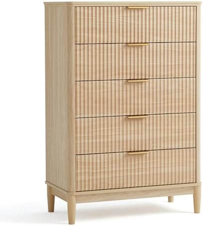 LINSY HOME Fluted 5 Drawers Dresser, 46" Tall Modern Chest of Drawers, Curved Profile Design, Mid Century Wood Dresser with Metal Handle for Bedroom, Living Room, Hallway, Entryway, Oak