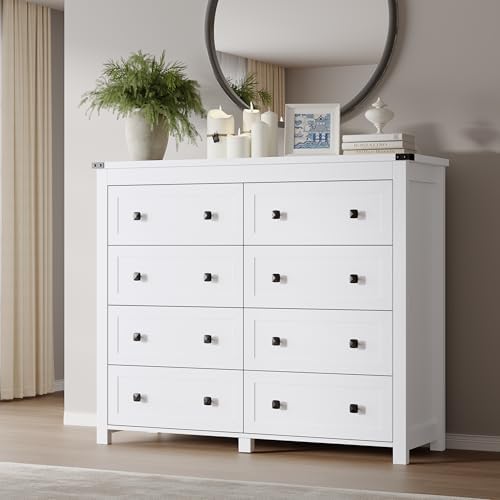 BORNOON Tall 8-Drawer Dresser, Modern Wooden Storage Chest of Drawers, Dresser TV Stand, Wood Drawer Organizer with Metal Handles for Bedroom, Living Room, Hallway