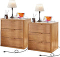 LEYAOYAO Fluted Nightstand Set of 2 with Charging Station,23" Modern Nightstand with Woodgrain Top, 3 Drawer End Table w/Storage, BedsideTables for Bedroom, Living Room, Curved Profile,Brown