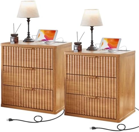 LEYAOYAO Fluted Nightstand Set of 2 with Charging Station,23" Modern Nightstand with Woodgrain Top, 3 Drawer End Table w/Storage, BedsideTables for Bedroom, Living Room, Curved Profile,Brown