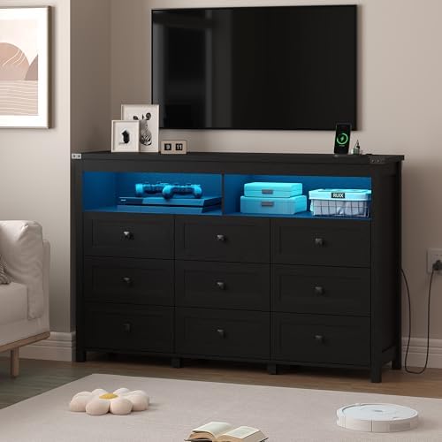 Wodeer 9 Drawer Dresser for Bedroom with LED Lights, Charging Station, Wood Chest of Drawers with Metal Handles, Modern TV Stand & Storage Organizer for Living Room, Hallway, Black