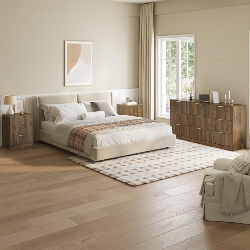 9 Drawer Dresser & 3-Drawer Nightstand Set 3-Piece, Walnut丨63 Long Dresser Set Night Stand Set of 2 with Metal Handle, Modern Wood Chest of Drawers Storage Dressers Set for Bedroom