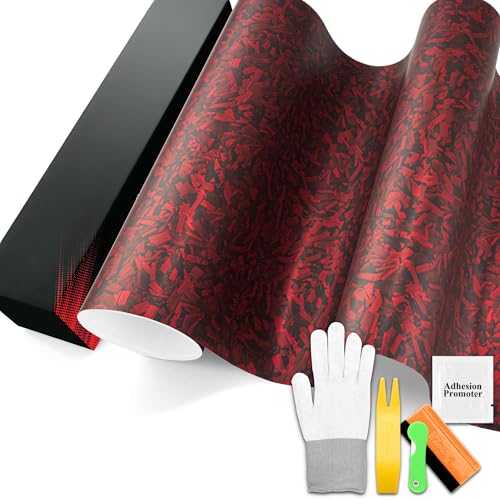PET Marble Forged Carbon Fiber Textured Matte Red Vinyl Wrap Auto Car Sticker Decal Film Sheet Bubble Free Air Release Technology with Tool Set 5FTx15FT - size: 5ft X 15ft