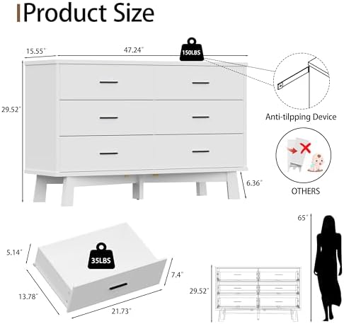 Xixini Dresser for Bedroom, 6 Drawer Wide Modern Chest of Drawers with X-Shaped Sturdy Base, Wood Double Dresser Closet Clothes Storage Organizer, Wooden TV Stand for Living Room, Hallway, White