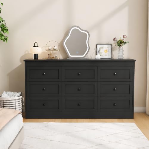 wanan Black 9 Drawer Dresser for Bedroom, Modern 59'' Wide Wood Chest of Drawers, Dresser TV Stand, Storage Organizer with Metal Handles for Living Room, Hallway, Entryway
