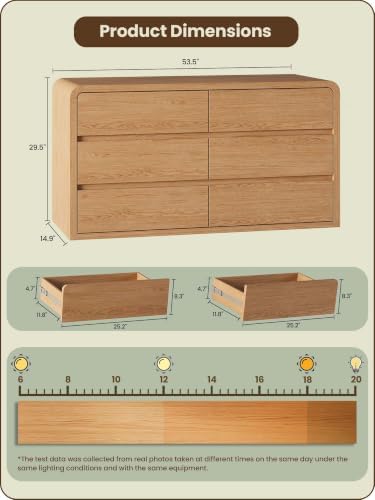 Modern 54" Wide 6 Drawers Dresser with Curved Profile Design,Oak