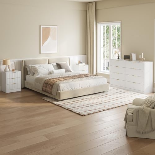 3 Pcs White 8 Drawer Dresser & 3-Drawer Nightstand Set丨Tall Fluted Dresser and Night Stand Set of 2 with Metal Handle, Modern Wood Chest of Drawers Storage Dressers Set for Bedroom