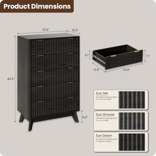 43" Hight Fluted 5 Drawers Dresser for Bedroom,Curved Edge,Black