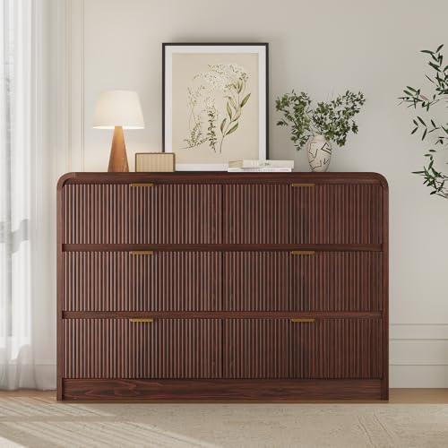 FURSUN Fluted 6 Drawers Dresser for Bedroom, 54" Wide Wooden Dresser with Metal Handle, Curved Profile Design, Modern Storage Organizer for Bedroom, Living Room, Hallway, Dark Walnut