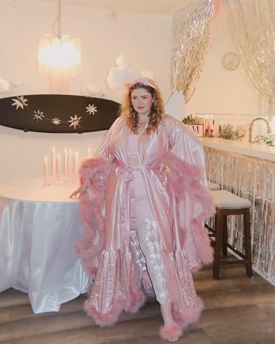 Feather Silk Satin Bridal Robe Long Wedding Scarf Illusion Bathrobe Sleepwear for Women Sexy Lingerie Nightgown - color: Blush Pink, size: Small-Medium