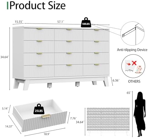 Xixini Fluted Dresser for Bedroom with 12 Drawers, 57" Wide Modern Chest of Drawers with Metal Handle, Wooden Dresser TV Stand, Wood Closet Clothes Storage Organizer for Living Room, Hallway, White