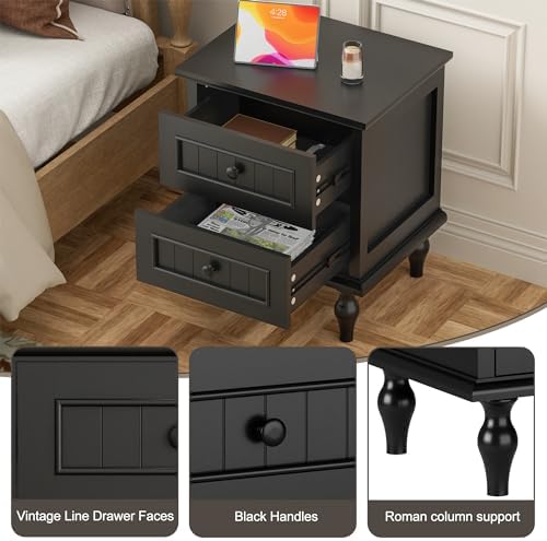 Black Nightstand Set of 2, Vintage Bedside Tables with Drawers for Bedroom