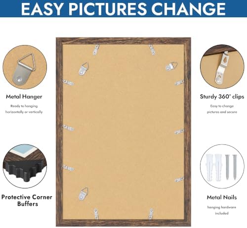 Hongkee 13x19 Picture Frame Set of 4, 13 x 19 Rustic Brown Wood(Mat 11x17)