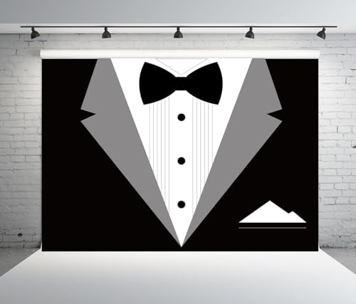 BELECO 5x3ft Fabric Gentleman Tuxedo Backdrop Black and White Bow Tie Suit Background Luxury Birthday Dinner Party Decor Banner Boy Men Father Bridegroom Photoshoot Studio Booth Props - size: 5x3FT