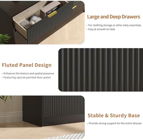 6 Drawer Dresser & 1-Drawer Nightstand Set 3-Piece, Black丨55 Wide Bedroom Set Night Stand Set of 2 with Metal Handle, Fluted Wood Chest of Drawers Storage Dressers Set for Bedroom