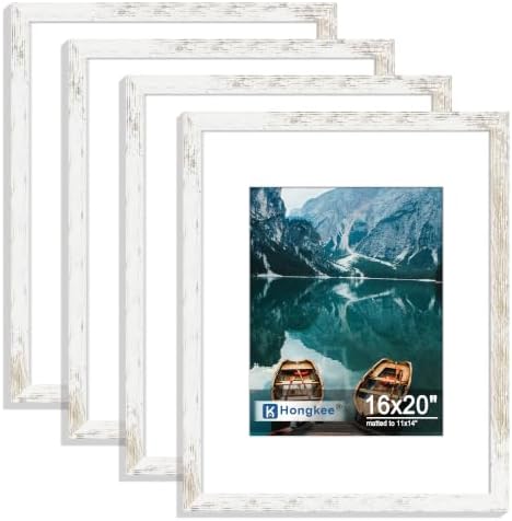 Hongkee 16x20 Frames Set of 4, 16 x 20 Distressed White Wood(Mat 11x14)