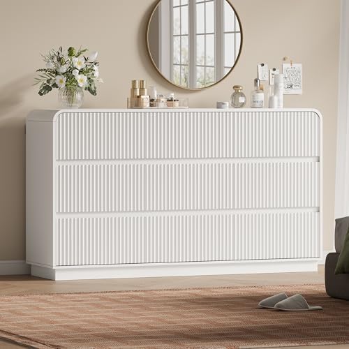 Wodeer White Dresser Fluted 9 Drawers Dresser for Bedroom, 59" Wide Wood Chest of Drawers with Hidden Handles & Rounded Corners, Modern TV Stand Storage Cabinet for Living Room, Hallway, Entryway