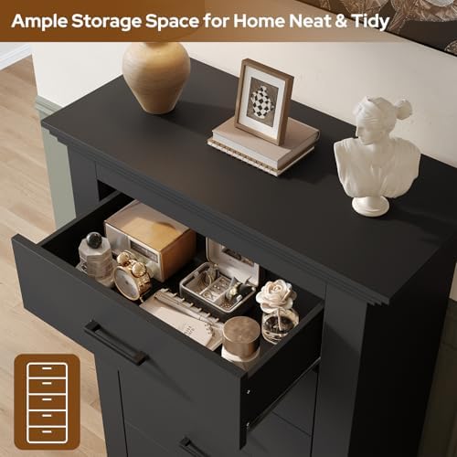 5 Drawer Dresser for Bedroom, Wood Dresser Chests of Drawers with Metal Handle, 47" Tall Vintage Design Storage Dressers for Bedroom, Cabinet Organizer Drawers for Hallway, Entryway, Closet, Black