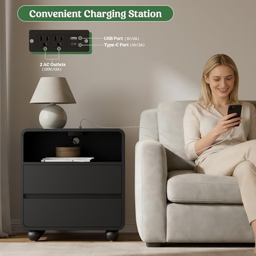 Lulive Night Stand, Bedside End Table with Charging Station, Black