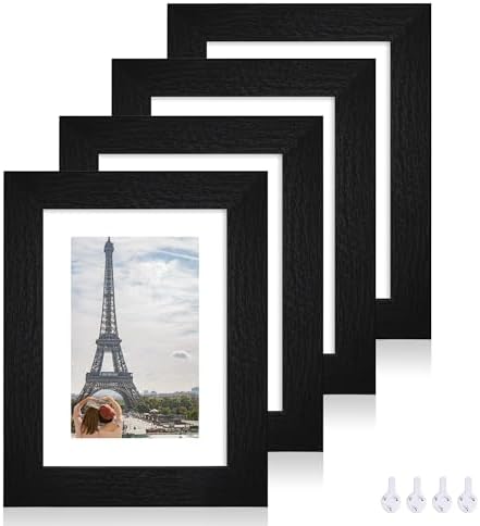 Hongkee 5x7 Picture Frame Set of 4, Made of Real Glass and Rustic Black Wooden Frame, 5 by 7 Photo for Wall or Tabletop - Display Picture 4x6 with Mat or 5x7 Without Mat